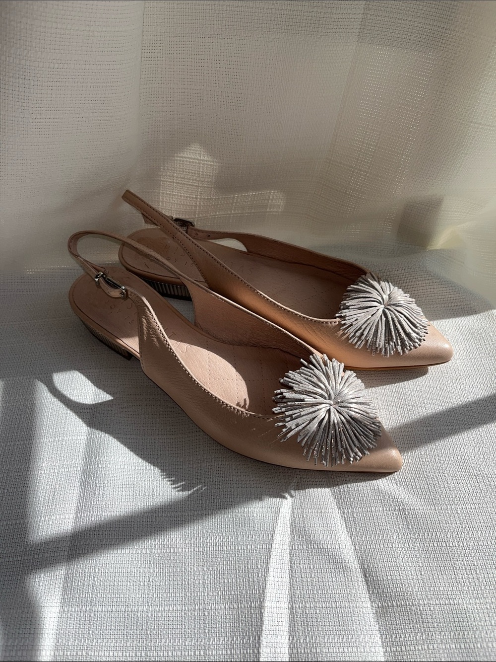 Pointed-Toe Slingback Flats with Metallic Pom Detail in Nude